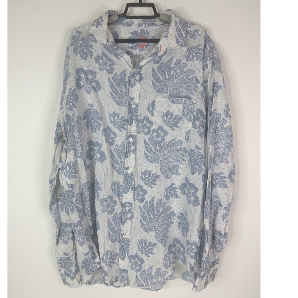 J.McLaughlin Linen Shirt Men's XL Button Down Floral Coastal‎ Summer Blue White